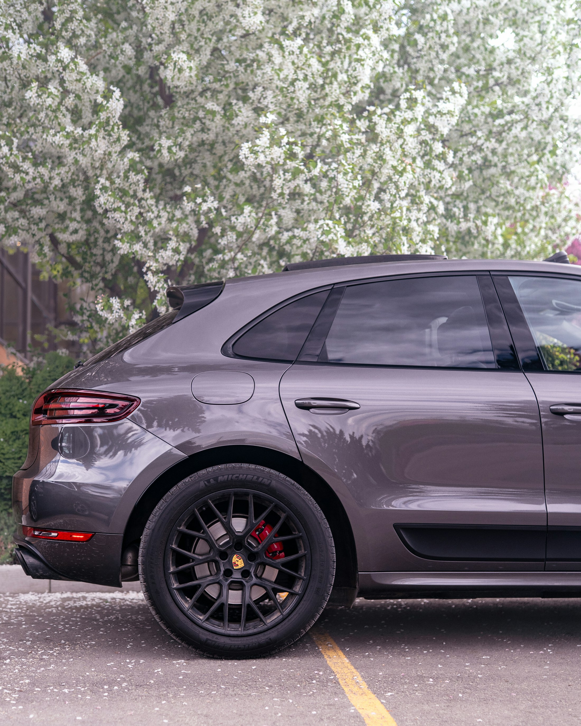 Graphite Porsche Macan parked beneath mature trees